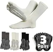 [Sunolkie] 3 Pairs Anti Slip Toe Socks Pilates Yoga Non Slip Socks Medium Length Sweat-Absorbing and Breathable Athletic Casual Classic Dark Grey + Black + Milk White, Dark grey + black + milk white,