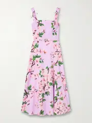 [Oscar de la Renta] Oscar de la Renta - Belted Bow-detailed Floral-print Stretch-cotton Poplin Midi Dress - Pink - US8 US 8 Pink