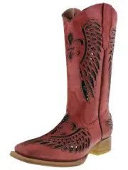 Womens Cowboy Boots Red Fleur-De-Lis Wings Black Sequins Square Toe Size 4.5, 5