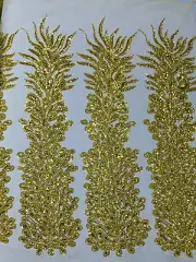 3D Bead Peacock Feathers - Yellow Gold - Vegas Sequins Design Fabric By Panel