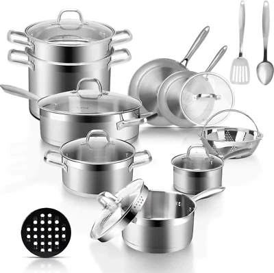 Professional Stainless Steel Pots and Pans Set, 18-Piece Induction Cookware Set,