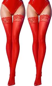 [FEOYA] Women Sheer Lace Thigh High Stockings Silky lingerie Pantyhose with Stay Up Silicone Lace Top Shiny Socks 2 Pairs