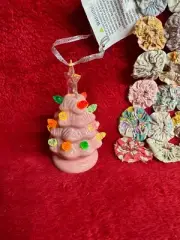 NWT Mini Pink Ceramic CHristmas Tree Ornament that Lights Up