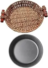 BEBEMOKO 1Set Round Non Stick Fry Pan with Rattan Basket Barbecue Grilling Plate for Steak Fish Fries for Home Restaurants Special Occasions