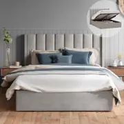 Emilie King Taupe White Velvet Gas Lift Storage Winged Bed Frame