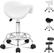 [ALFORDSON] Salon Stool Saddle Swivel Drafting Rolling Stools in 50-64.5cm Height Adjustable PU Leather Spa Stool with Footrest Wheels Hair Dress Backless Barber Chair for SPA Massage (Sierra White)
