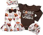 [ADIFUN] Thanksgiving Baby Girl Outfit my first thanksgiving Brown Top Turkey Pattern Bell Pants Hat Headband 4Pcs Set