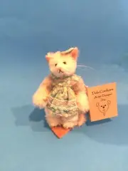 DEB CANHAM "PRUE" MINIATURE WHITE MOHAIR CAT WITH FLORAL DRESS- 3"