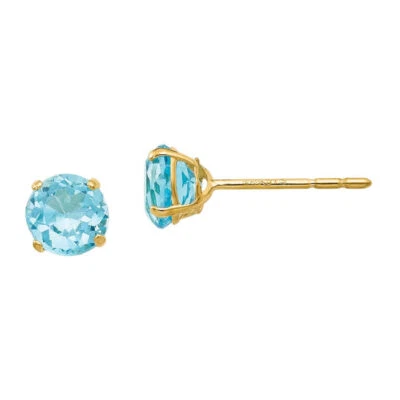 14K Solid Yellow Gold Round Sky Blue Topaz 5mm Studs Earrings