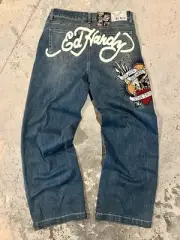 NEW Ed Hardy Jeans BRAVE HEARTS STAY TRUE Womens 30 Wide Leg Eagle Y2K Skate NWT