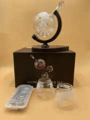 Globe Decanter Set, NIB, Whiskey, Blown Glass, 2 Cups, 4 Metal Ice Cubes, Gift