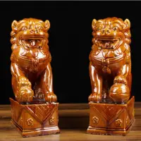 在飛比找蝦皮購物優惠-陶瓷獅子擺件     陶瓷獅子一對唐三彩獅子擺件門口門廳家居