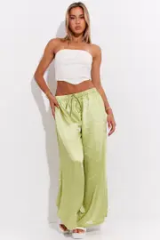 Green Pant High Elastic Waist Tie Front Wide Leg Satin - Size 8, Women's Wide Leg Pants