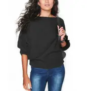 Loose Bat Sleeve Boat Neck Knit Women's Sweater Pullover Jumper - Black