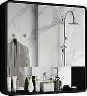 Mirrored Cabinets Bathroom Medicine Cabinet with Mirror Bathroom Wall Cabinet Wall Lockers with Double Mirrored Doors in Polished Stainless Steel (Black 60 * 75 * 14cm)