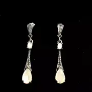 Art Deco Sterling Silver Marcasite Mother of Pearl Teardrop Pear drop Earrings