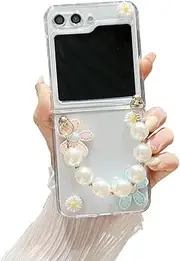 [GO-VOLMON] for Samsung Galaxy Z Flip 5 Woman Case - Cute Flower Pearl Strap, Lovely Wristband Phone Case for Z Flip 5 - Girly Design 3D Floral Style, Clear Hard PC Case - Pink