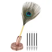 Peacock Feather Ballpoint Pens, Writing Pens with 5pcs Refill, Red Bronze
