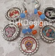 Set of 6 Sugar Skull inspired Bottle Cap Wine Glass Charm Pendants
