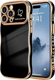 ELEPIK for iPhone 14 Pro Case for Women Girls, Cute Wave Frame Curly Shape with Love Heart, Raised Camera Protection, Luxury Plating Shockproof for iPhone 14 Pro Phone Case, Black