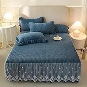 Luxury Full Size Bedskirt with 18" Drop Length,2024 New Winter Thickening Warm Solid Color Velvet Lace Bed Cover Bed Skirt with Two Pillowcases,Three-Piece Bedding Set(Dark Blue,180x200cm/Queen)