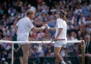 Boris Becker of Germany Peter Lundgren of Sweden shake hands after- Old Photo