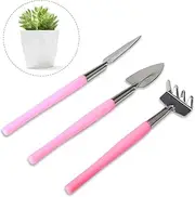 LuckyOpt 3 Pcs Mini Garden Tools Set Stainless Steel Shovel Rake Spade Garden Hand Tools for Succulent Potted Plants Flowers (Pink)