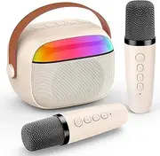 YUNSYE Karaoke Machine for Kids Adults, Mini Portable Bluetooth Speaker with 2 Wireless Microphone, Kids Toys Birthday Gifts for Girls Ages 4-12 +Year Old Family Home Party (Off White)