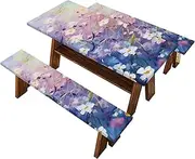 Artistic Daisy Print Fitted Picnic Table Cover and Bench Covers Set for Family Gathering 3 in 1 Dust Free 30'' x 72'' Outdoor Elastic Tablecloth Windproof for Road Trip