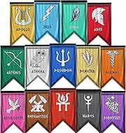 Greek Gods Banners, 14pcs Percy Jackson Cabin Banners, Htabiol Greek Mythology Party Banner, Percy Jackson Cabin Flags, Fit for Percy Jackson Party, Percy Jackson Birthday Party (12"x7.3", Polyester)