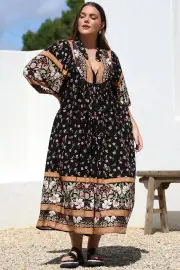 JAASE - Boheme Midi Dress: Piping Defined Bust Slimline Smock Dress In Eternity Print