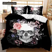 v1380 Bed Sheets Skull Duvet Cover Set Queen Skeleton Floral Skull Pattern Printed Bedding Qulit Cover Gothic Microfiber Bedding Queen Size 3-Piece Be