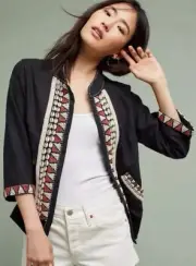 NWT Anthropologie Tyler Embellished Linen Jacket Sz S Black MSRP: $268 Pepin