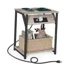 End Table with Charging Station, Small Side Table for 1 Heather Greige + Black