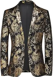 [JEShifangjiusu] Mens Slim Fit Embroidery Tuxedo Dress Suit Jacket Dinner Formal Prom Suit Blazer Stylish Sport Coat, Gold, L