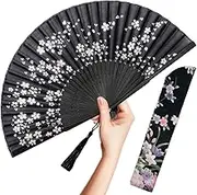 OMyTea Folding Hand Fan for Women - Foldable Chinese Japanese Vintage Bamboo Silk Fan - for Hot Flash, Church, Decoration, EDM, Music Festival, Dance, Party, Performance, Gift (Black Little Sakura)