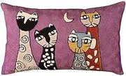 Kashmir Designs Lumbar Picasso Pillow Cover - Purple Cat Pillowcase, Cute Cushion, Hand Embroidered Wool, Size 14x20