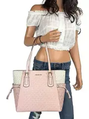 MICHAEL KORS VOYAGER LG EAST WEST DRAWSTRING TOTE SHOULDER BAG PINK MULTI