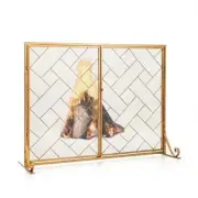 3-Panel Folding Wrought Iron Fireplace Screen with Doors and 4 Pieces Tools Set-