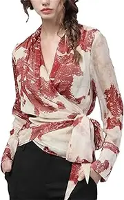 [Generic] Women Long Sleeve Printed Chiffon Blouse Spring Summer Asymmetrical V-Neck Lace Tops