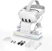 GEEKERA Charging Dock for Meta Quest 3, VR Headset & Controllers Charging Stand with RGB LED Light [On/Off], VR Accessories with 2 Rechargeable Batteries for Oculus Quest 3, Fast Charging Station