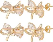Beebeecraft 1 Box 10Pcs Bowknot Stud Earring Findings 18K Gold Plated Clear Cubic Zirconia Earring Posts with Loop and Butterfly Earring Backs for Jewelry Making