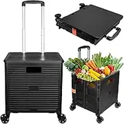 BDZBREN Foldable Utility Cart Folding Portable Rolling Crate Handcart with Durable Heavy Duty Plastic Telescoping Handle Collapsible 4 Rotate Wheels for Travel Shopping Moving Luggage Office (Black)