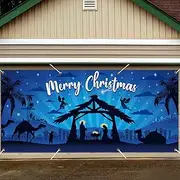 gisgfim Outdoor Holy Nativity Christmas Holiday Garage Door Banner Cover Large Manger Scene Religious Blue 2023 Christmas Backdrop Decoration - Big Size 6x13ft
