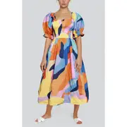 Jessie Zhao New York Tropical Love Smocked Midi Dress in Blue /Orange /Yellow at Nordstrom, Size X-Small Blue/Orange/Yellow