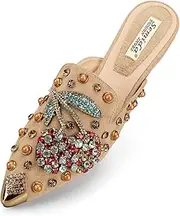 [BGYJMTRCVHU] Womens Pointed Toe Rhinestone Mules Suede Slip-on Rivet Flats Slide Anti Slip Slippers