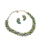Vintage Aurora Borealis Rhinestone Necklace & Earrings Set Gold Tone Floral Clus