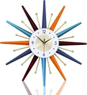 Large Mid Century Wall Clock, 27.5 Inch 3D Starburst Metal Modern Colorful Art W