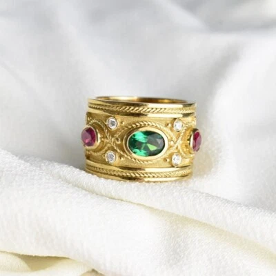 Gold Plated Wide Band Ring Emerald Ruby CZ Vintage Style Statement Jewelry Gift