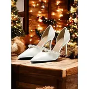 Women's White Patent Leather Pointed Toe Stiletto Heels with Pearl Strap – Elegant Prom, Party, and Wedding Shoes